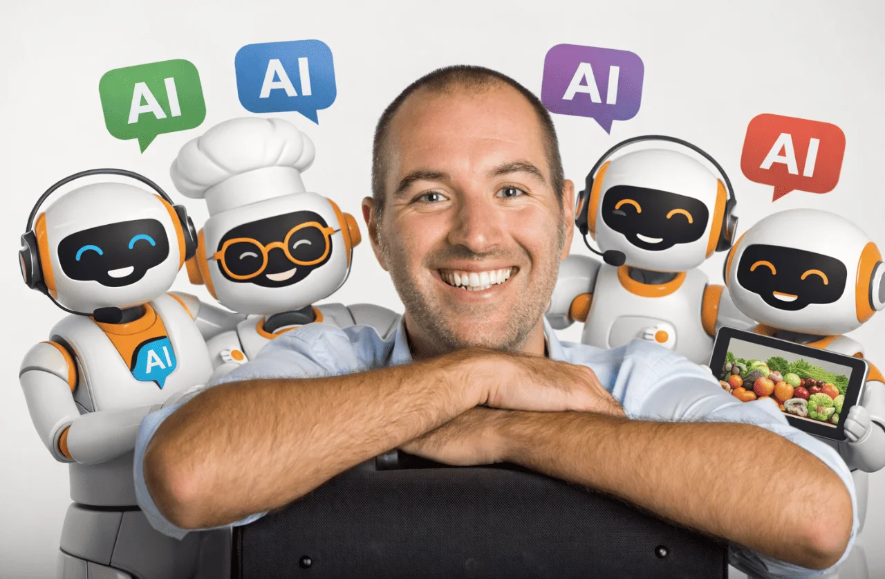 Gianluca Giacalone sorridente circondato da quattro robot assistenti AI con fumetti "AI", mascotte del progetto Foodlearn