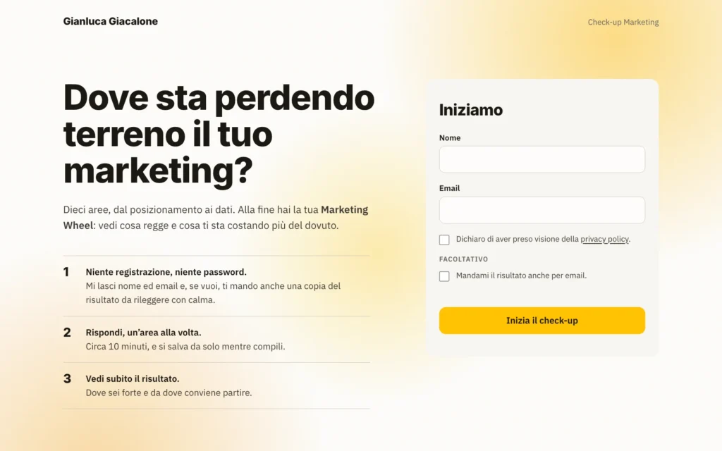 Pagina di accesso del Check-up Marketing: nome, email e i tre passaggi