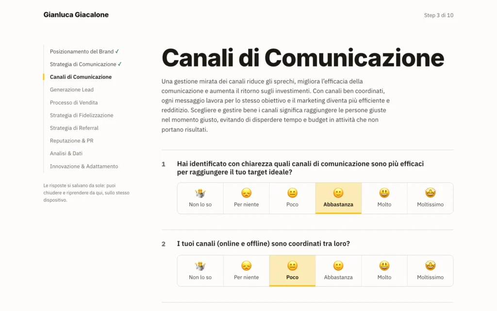 Una schermata di domande del Check-up Marketing, con le risposte da “Non lo so” a “Moltissimo”